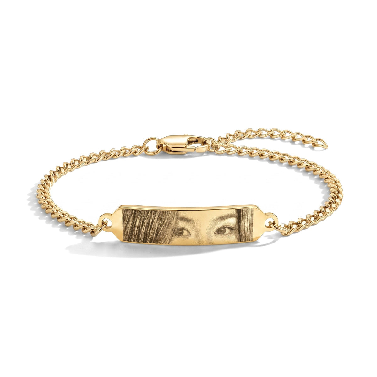 Pulsera de ojos con grabado de foto en oro – pulsera de placa de acero inoxidable con ojos grabados