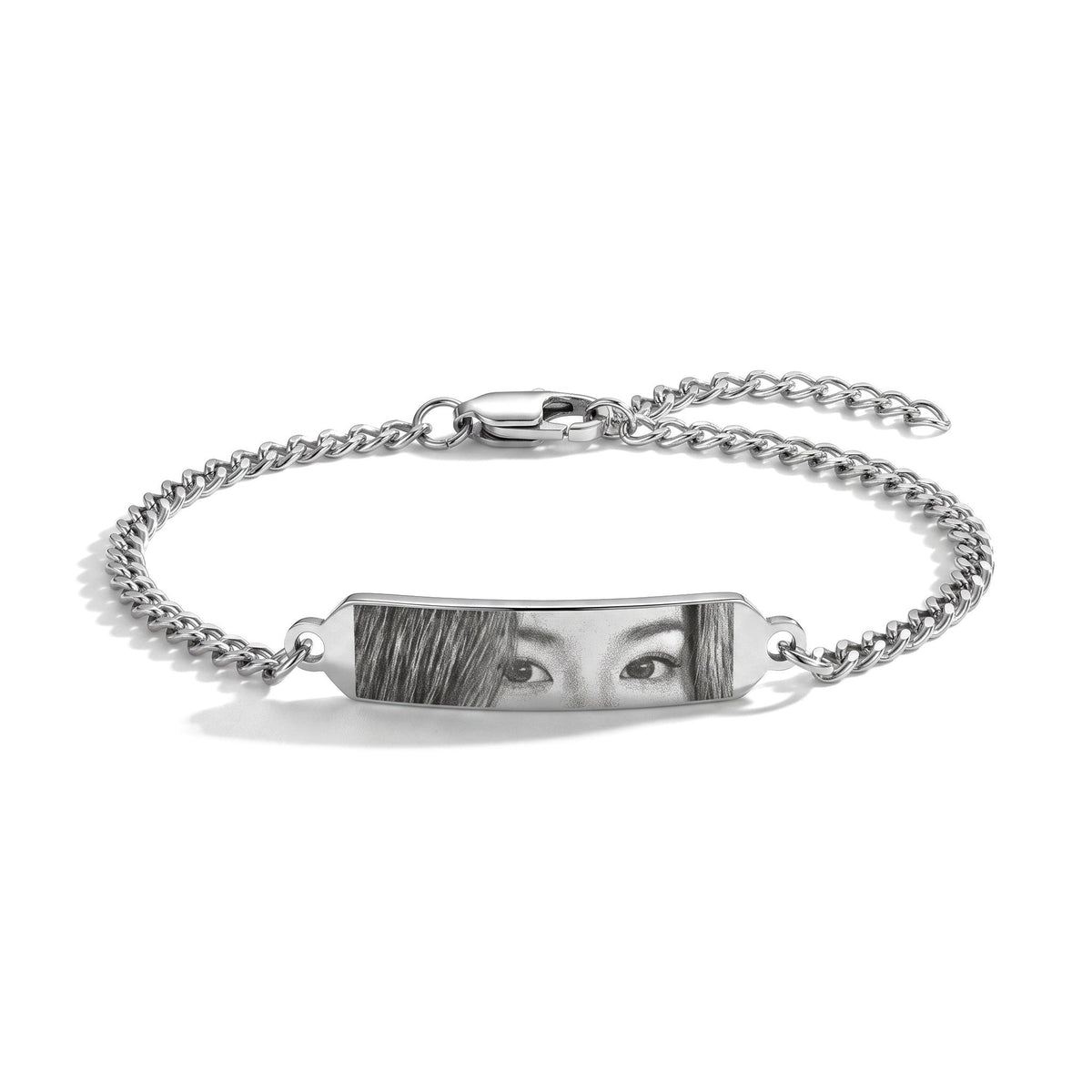 Pulsera de ojos con grabado de foto en plata – pulsera de placa de acero inoxidable con ojos grabados