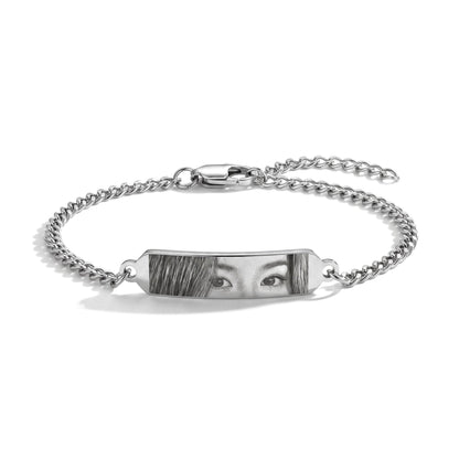 Pulsera de ojos con grabado de foto en plata – pulsera de placa de acero inoxidable con ojos grabados
