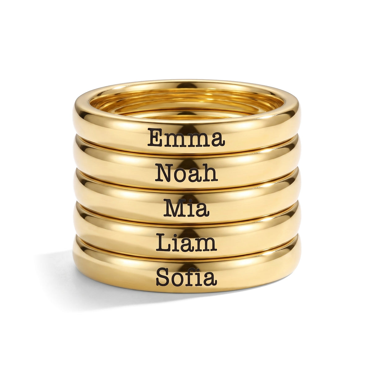 Anillo fino apilable con nombre – oro – 5 anillos apilados