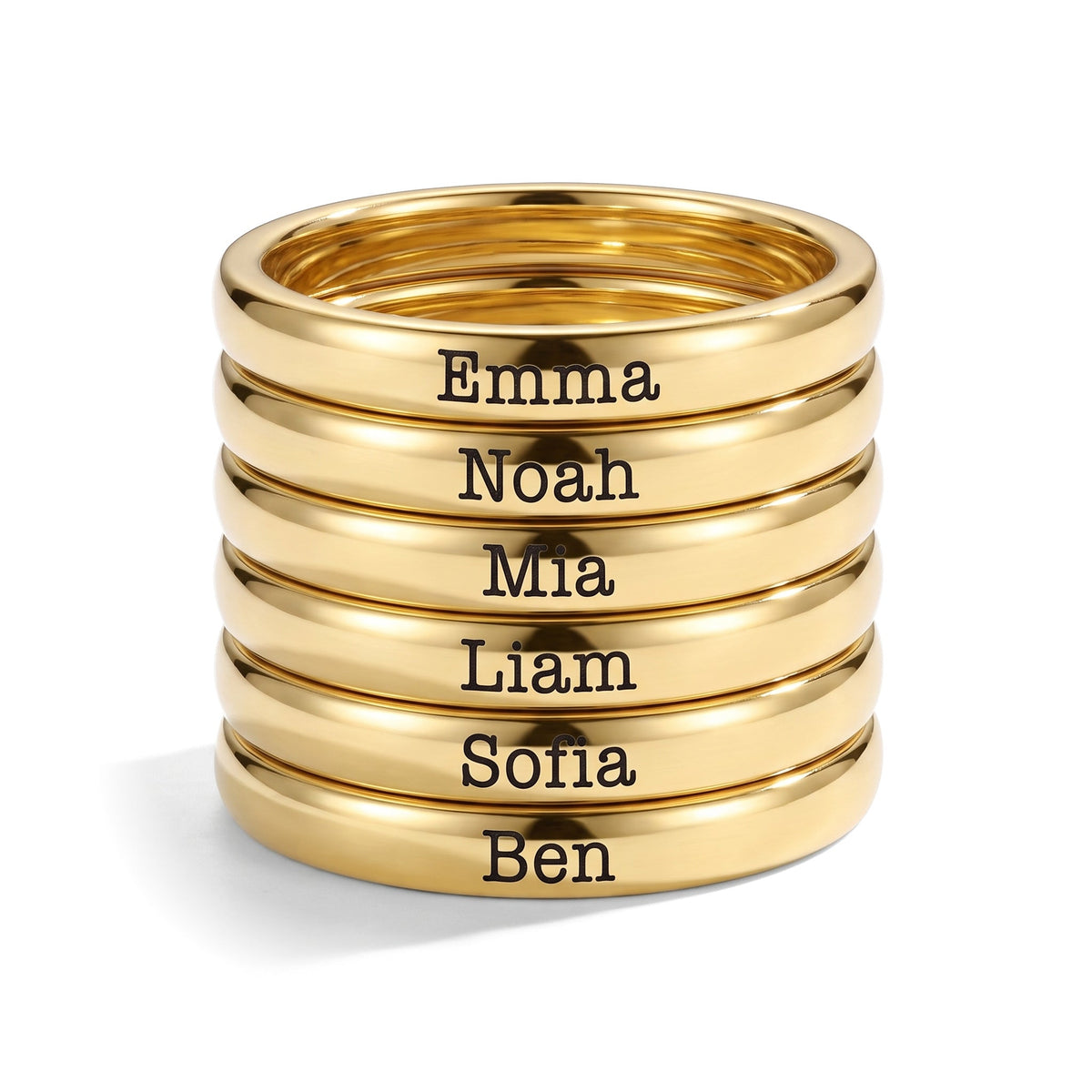 Anillo fino apilable con nombre – oro – 6 anillos apilados