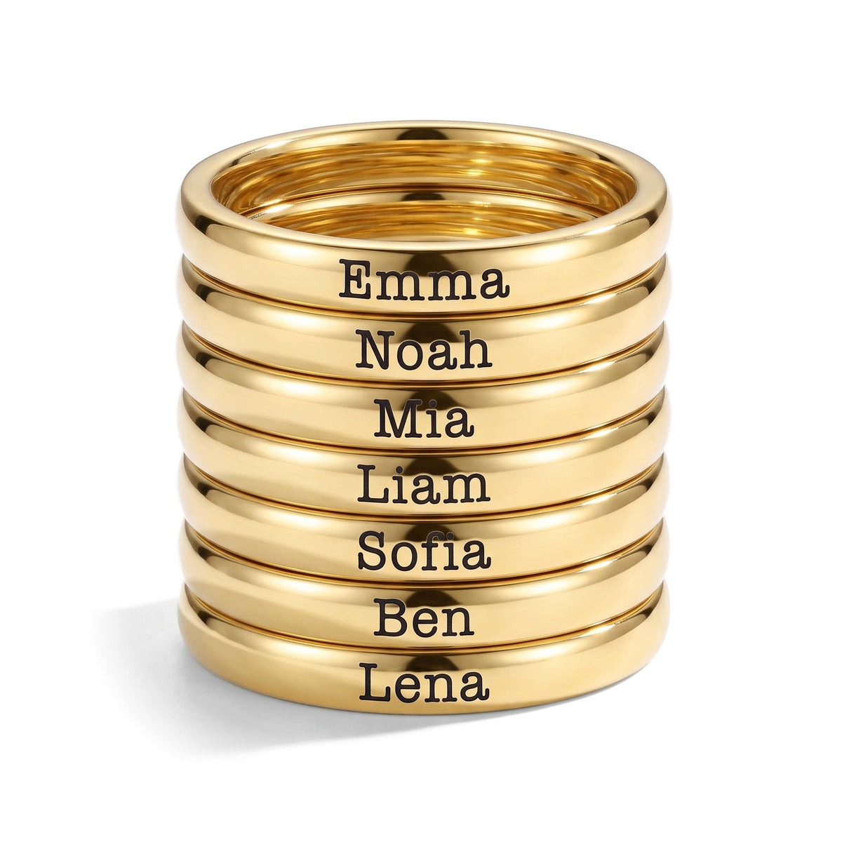 Anillo fino apilable con nombre – oro – 7 anillos apilados