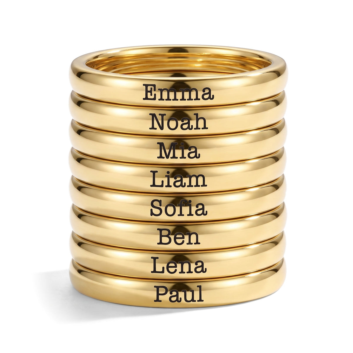 Anillo fino apilable con nombre – oro – 8 anillos apilados