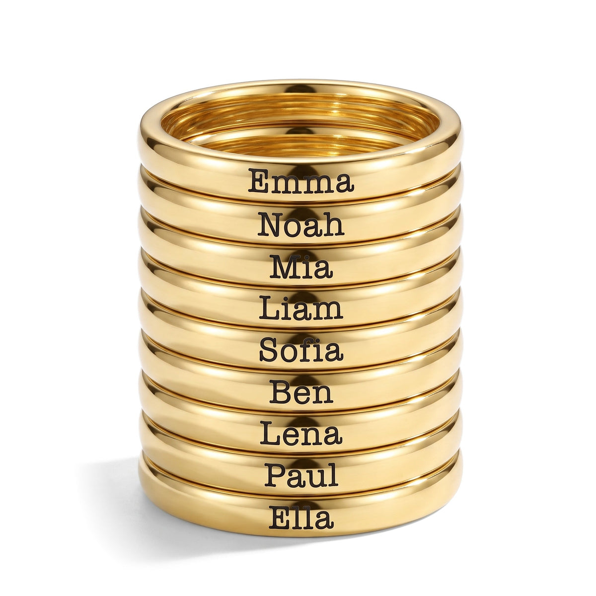 Anillo fino apilable con nombre – oro – 9 anillos apilados