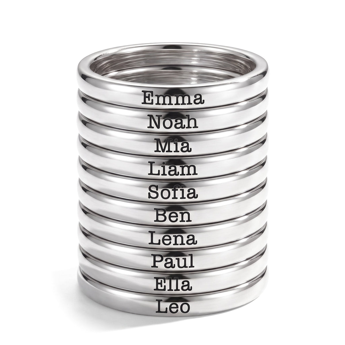 Anillo fino apilable con nombre – plata – 10 anillos apilados