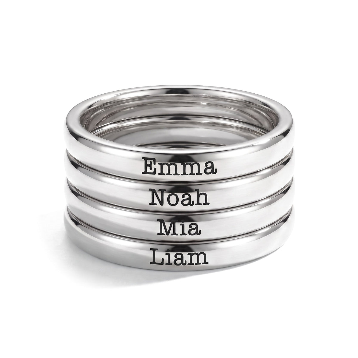 Anillo fino apilable con nombre – plata – 4 anillos apilados