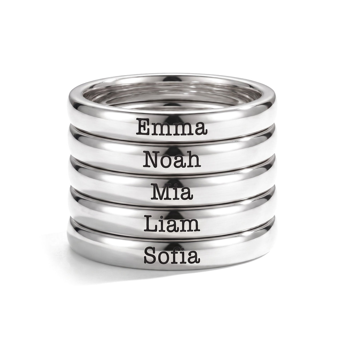 Anillo fino apilable con nombre – plata – 5 anillos apilados