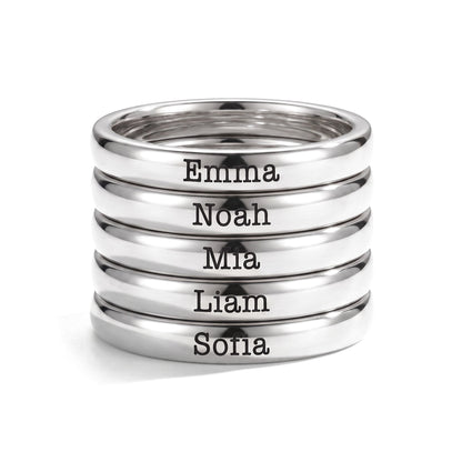 Anillo fino apilable con nombre – plata – 5 anillos apilados