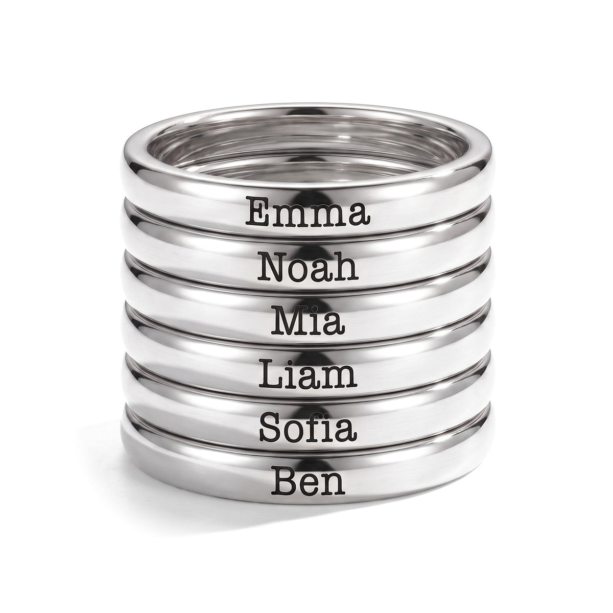 Anillo fino apilable con nombre – plata – 6 anillos apilados