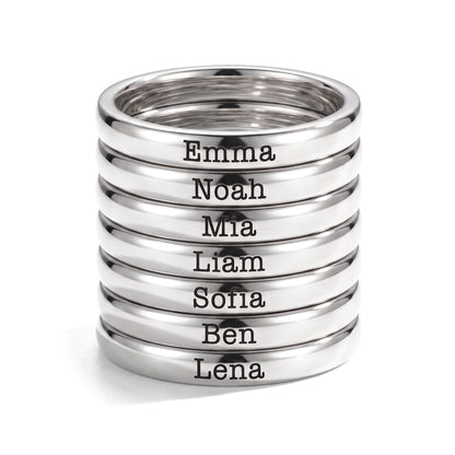 Anillo fino apilable con nombre – plata – 7 anillos apilados
