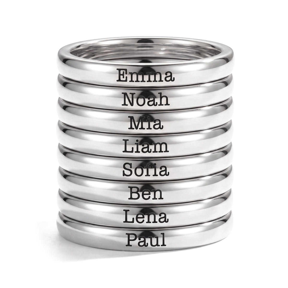 Anillo fino apilable con nombre – plata – 8 anillos apilados