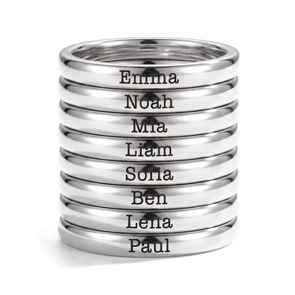 Anillo fino apilable con nombre – plata – 8 anillos apilados