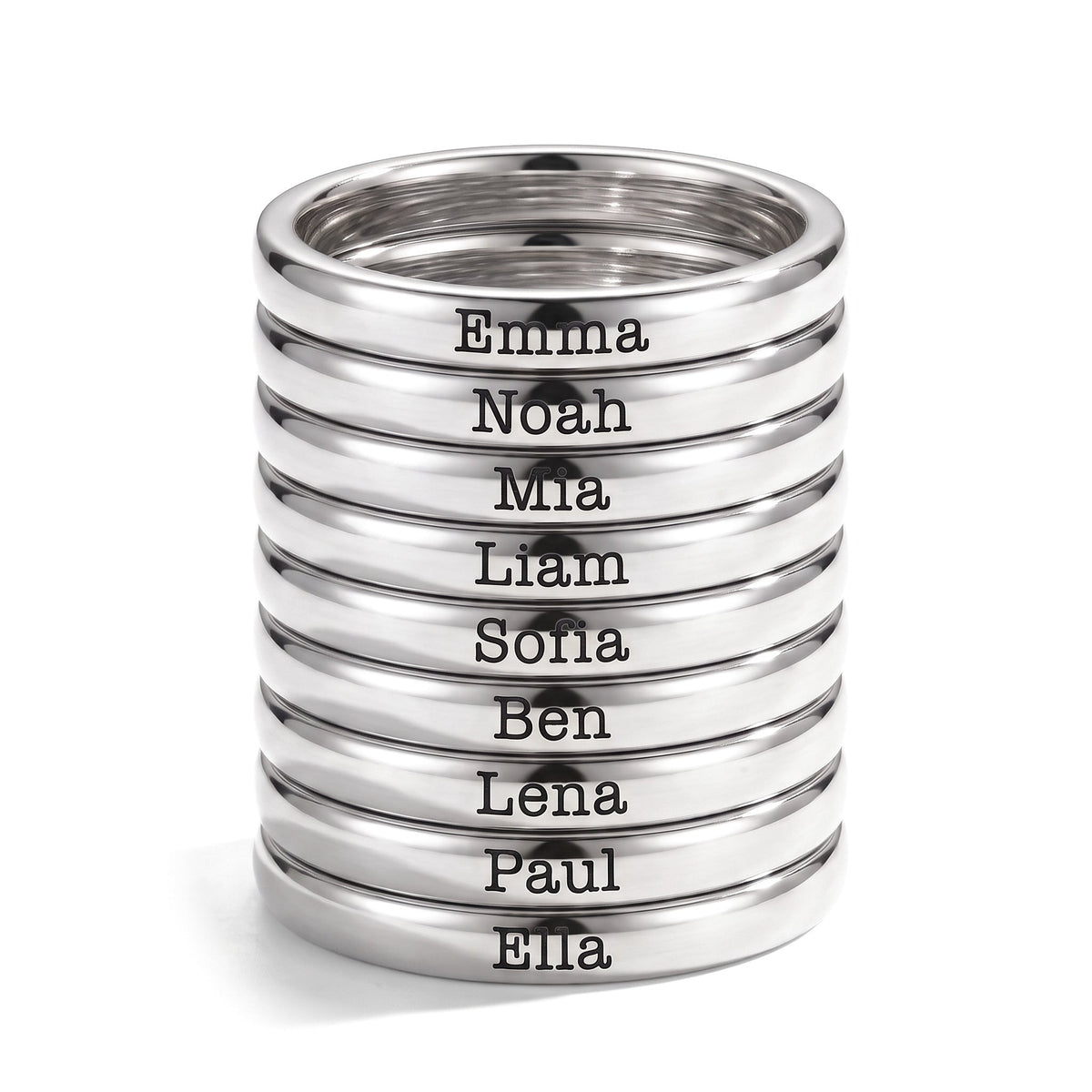 Anillo fino apilable con nombre – plata – 9 anillos apilados
