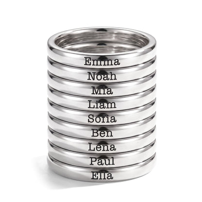 Anillo fino apilable con nombre – plata – 9 anillos apilados